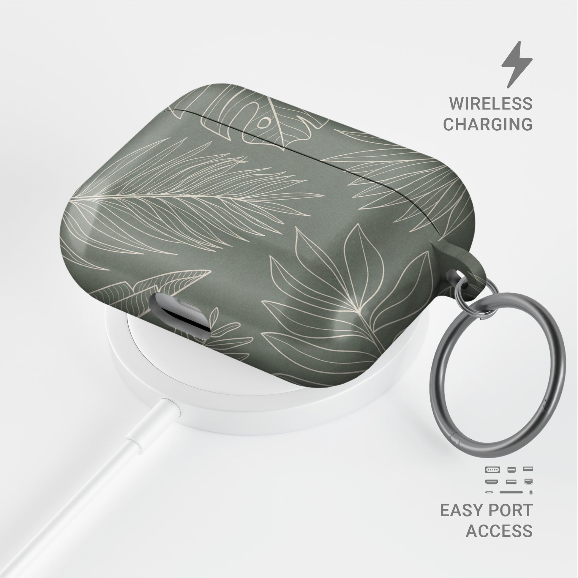 green tropical botanical airpods case with white leaf line art aesthetic design