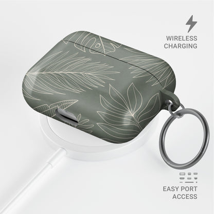 green tropical botanical airpods case with white leaf line art aesthetic design