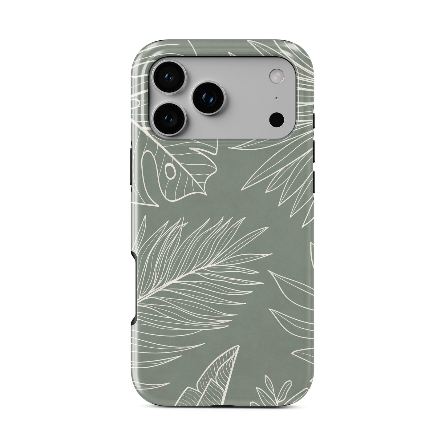 sage green leaf phone case with line art tropical leaves aesthetic magsafe tough iphone case