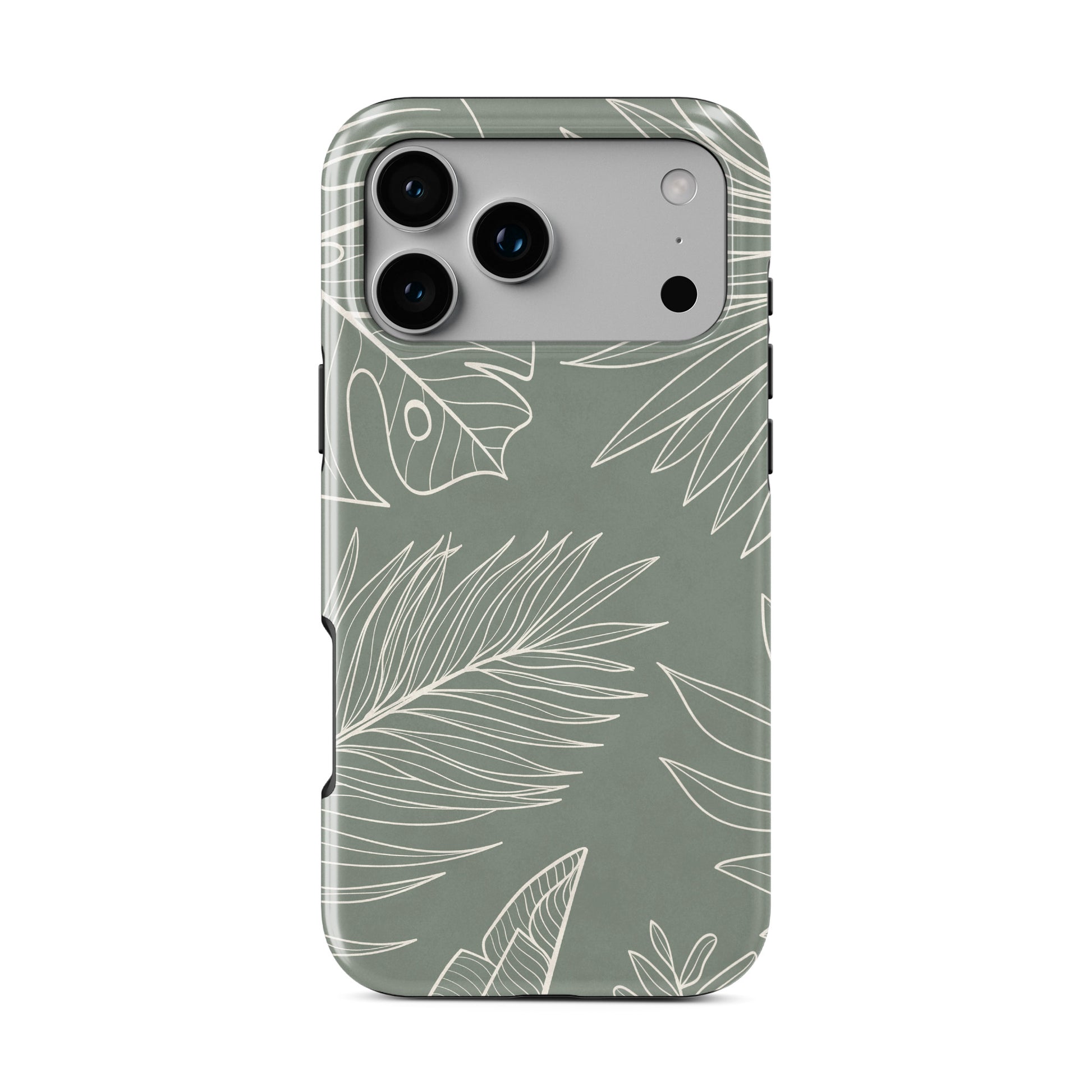sage green leaf phone case with line art tropical leaves aesthetic magsafe tough iphone case