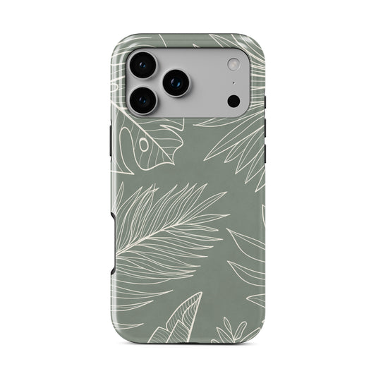 sage green leaf phone case with line art tropical leaves aesthetic magsafe tough iphone case