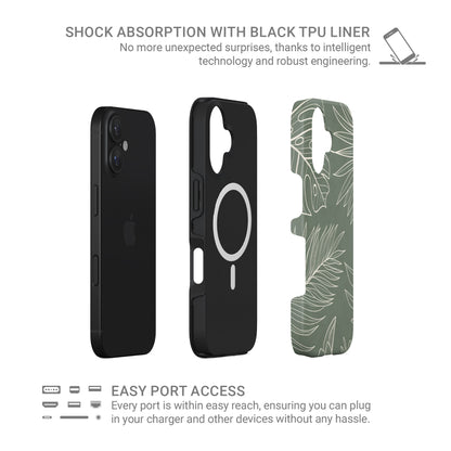 sage green leaf phone case with line art tropical leaves aesthetic magsafe tough iphone case