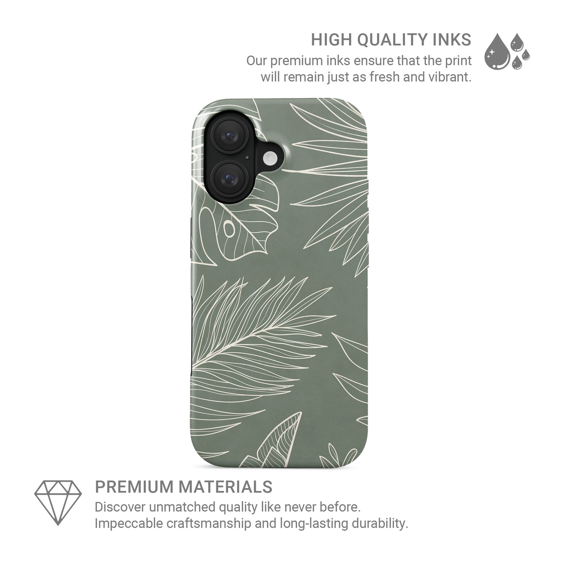 sage green leaf phone case with line art tropical leaves aesthetic magsafe tough iphone case