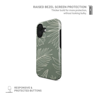 sage green leaf phone case with line art tropical leaves aesthetic magsafe tough iphone case