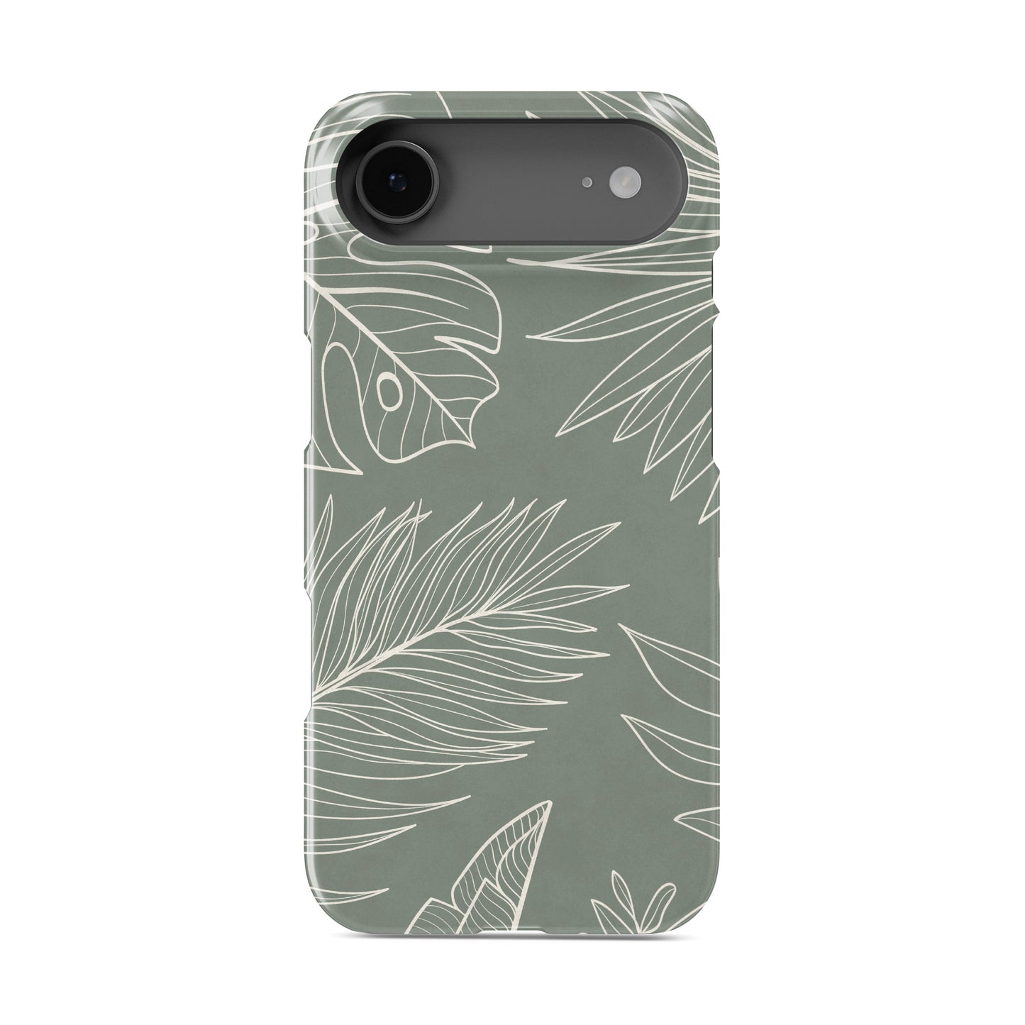 tropical sage green leaf protective iphone 15 case with white botanical line pattern in minimal aesthetic style