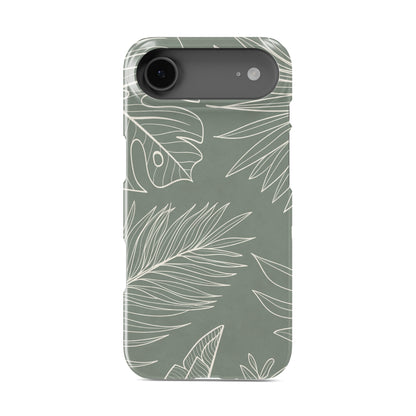 tropical sage green leaf protective iphone 15 case with white botanical line pattern in minimal aesthetic style