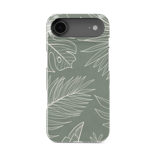 tropical sage green leaf protective iphone 15 case with white botanical line pattern in minimal aesthetic style