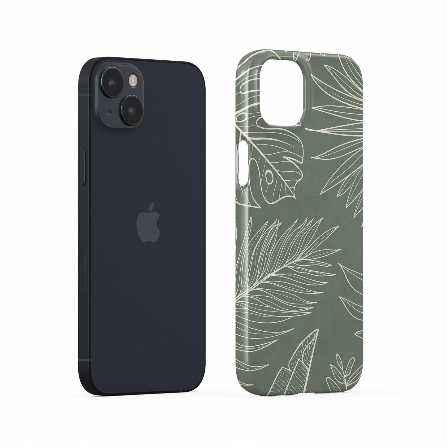 tropical sage green leaf protective iphone 15 case with white botanical line pattern in minimal aesthetic style