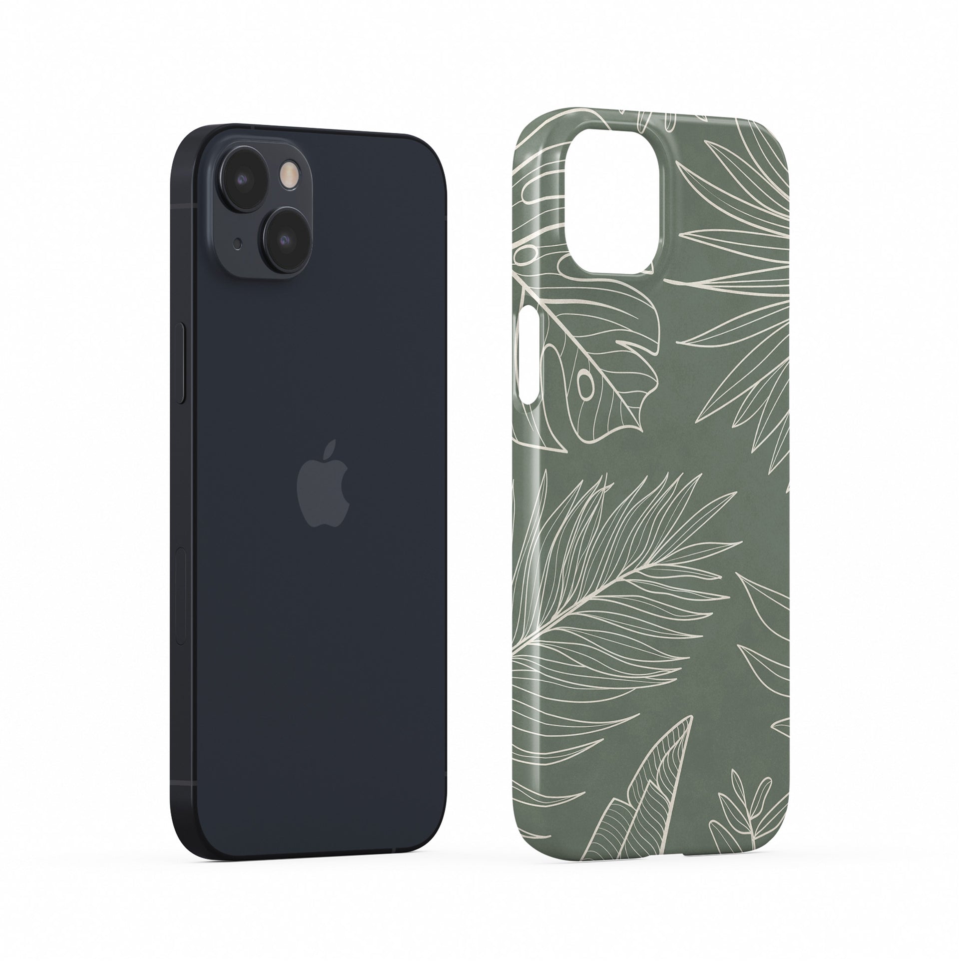 tropical sage green leaf protective iphone 15 case with white botanical line pattern in minimal aesthetic style