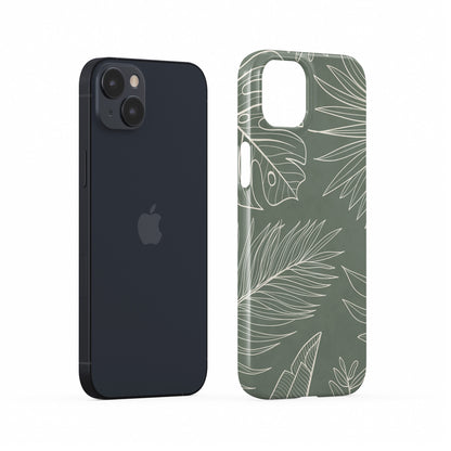 tropical sage green leaf protective iphone 15 case with white botanical line pattern in minimal aesthetic style