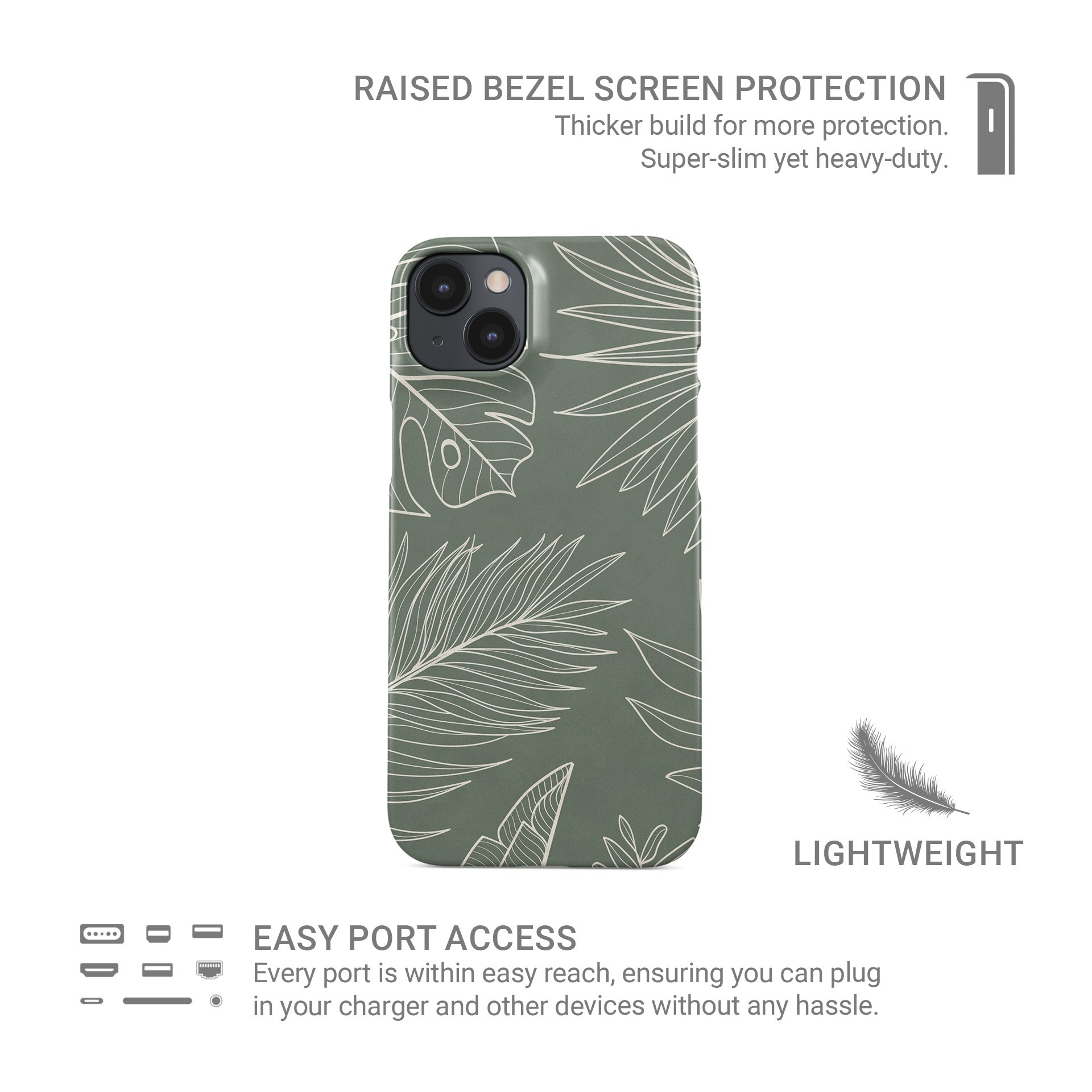 tropical sage green leaf protective iphone 15 case with white botanical line pattern in minimal aesthetic style