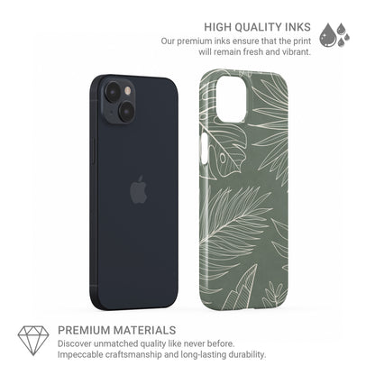 tropical sage green leaf protective iphone 15 case with white botanical line pattern in minimal aesthetic style