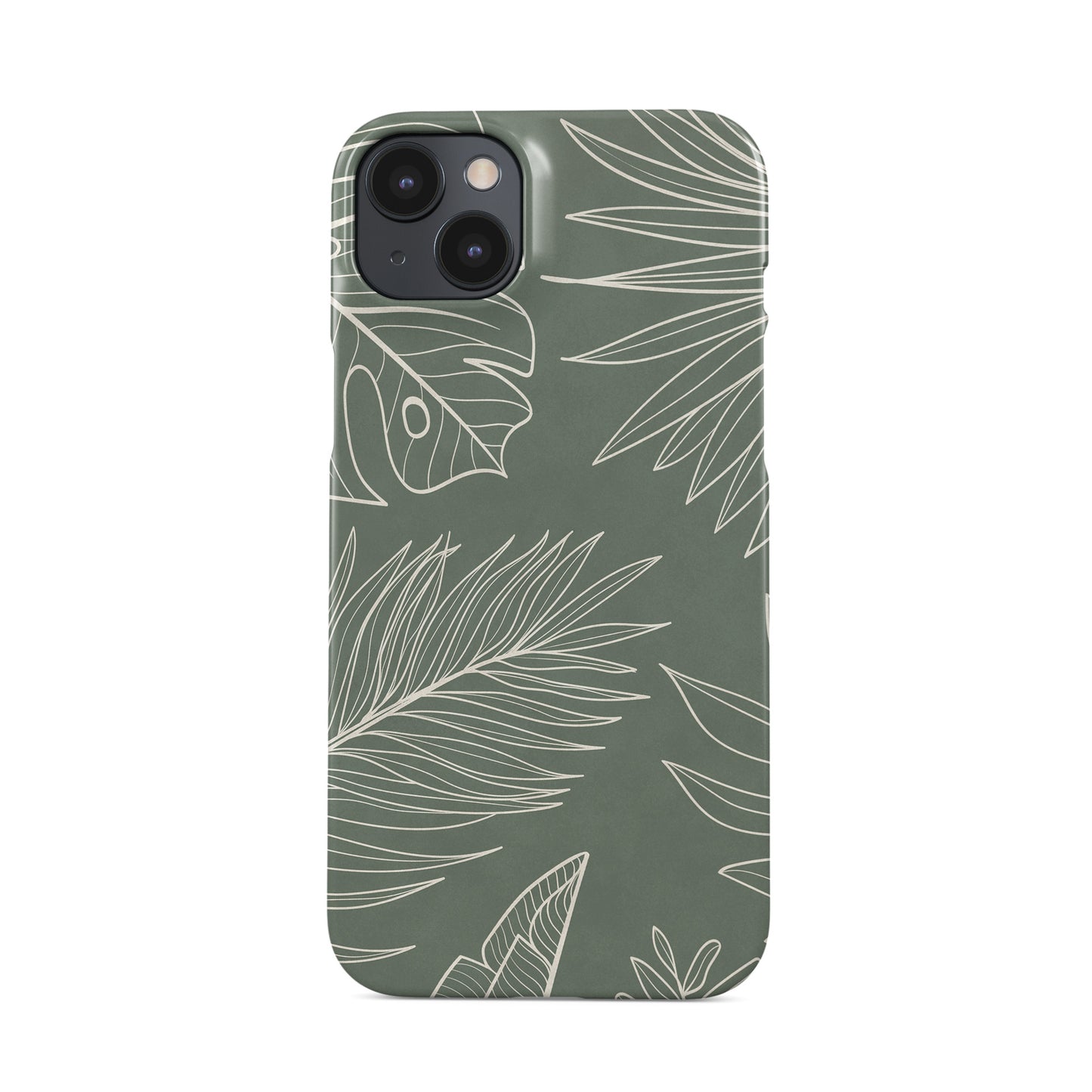 tropical sage green leaf protective iphone 15 case with white botanical line pattern in minimal aesthetic style