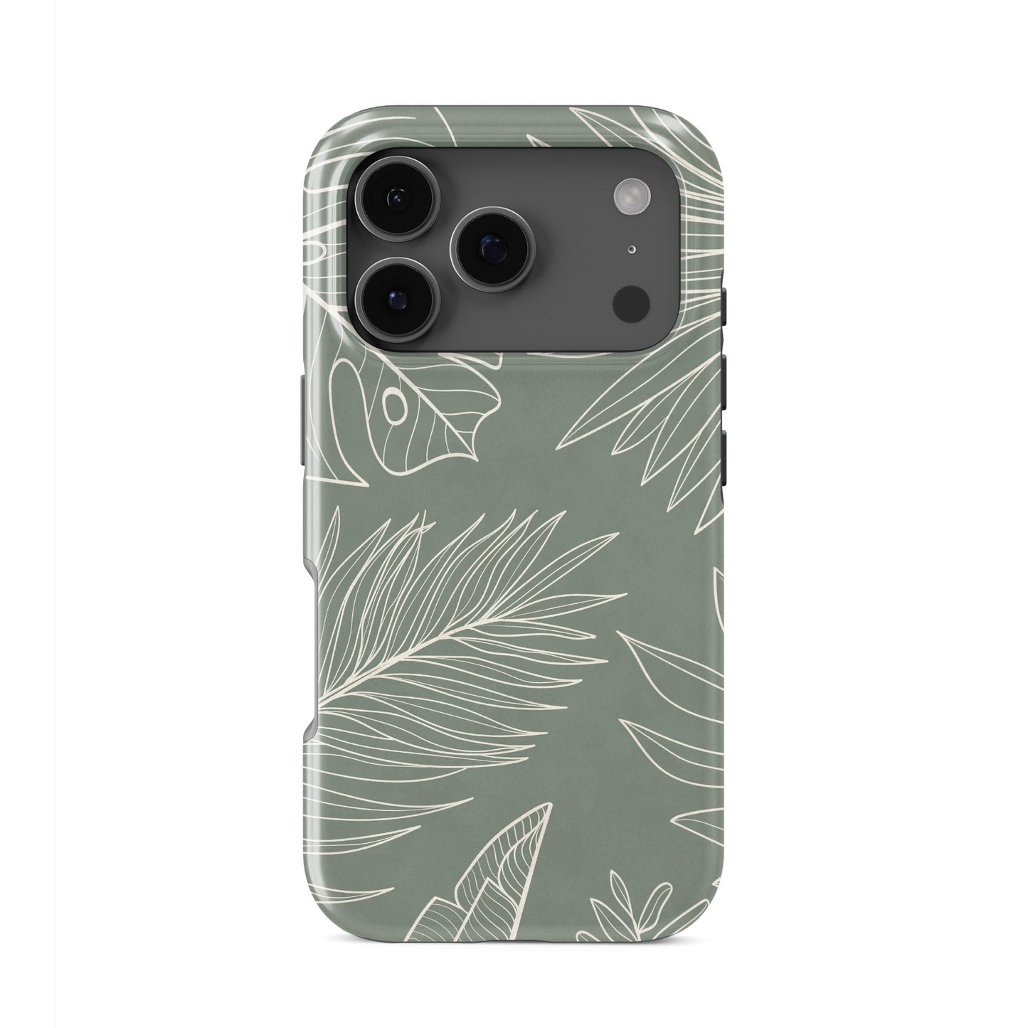 sage green leaf protective phone case with tropical line art design, minimalist aesthetic tough case for iPhone Samsung and Google phones