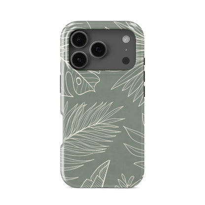 sage green leaf protective phone case with tropical line art design, minimalist aesthetic tough case for iPhone Samsung and Google phones