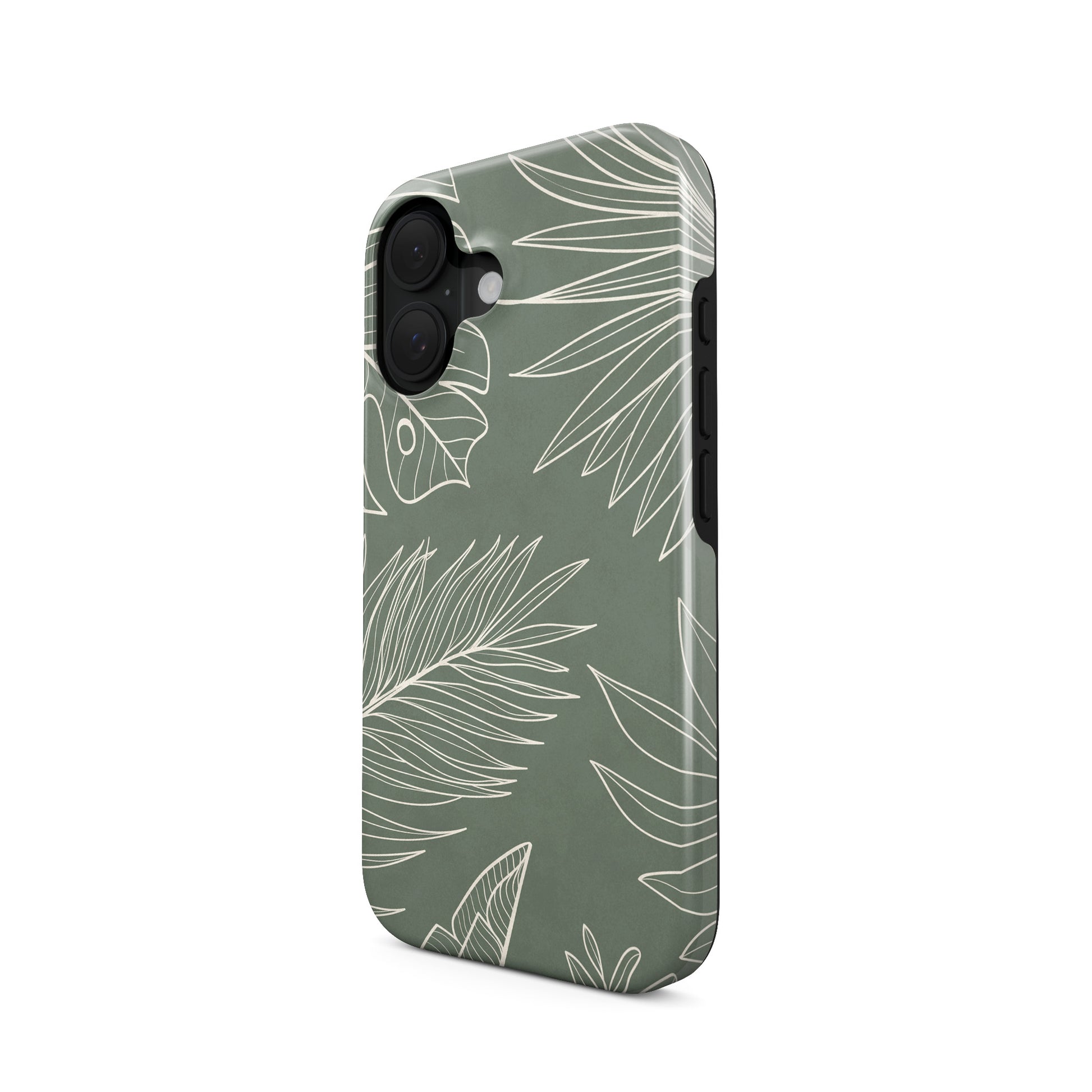 sage green leaf protective phone case with tropical line art design, minimalist aesthetic tough case for iPhone Samsung and Google phones