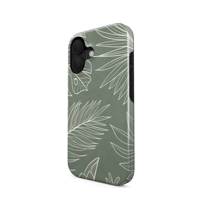 sage green leaf protective phone case with tropical line art design, minimalist aesthetic tough case for iPhone Samsung and Google phones