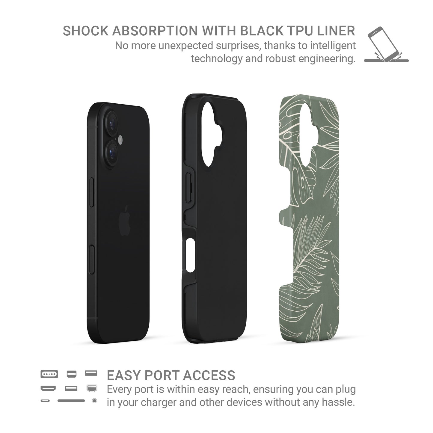 sage green leaf protective phone case with tropical line art design, minimalist aesthetic tough case for iPhone Samsung and Google phones