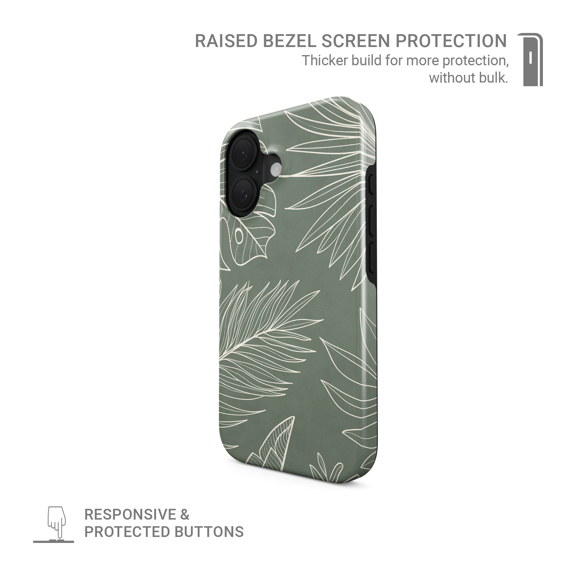 sage green leaf protective phone case with tropical line art design, minimalist aesthetic tough case for iPhone Samsung and Google phones