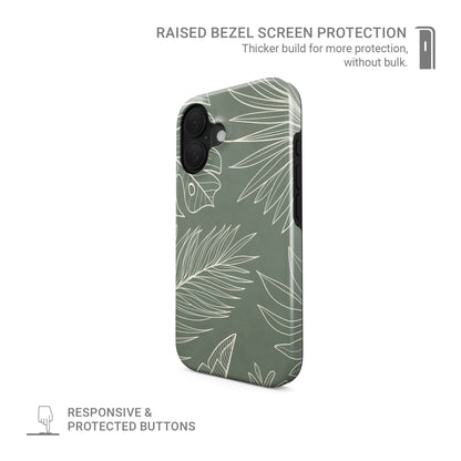 sage green leaf protective phone case with tropical line art design, minimalist aesthetic tough case for iPhone Samsung and Google phones