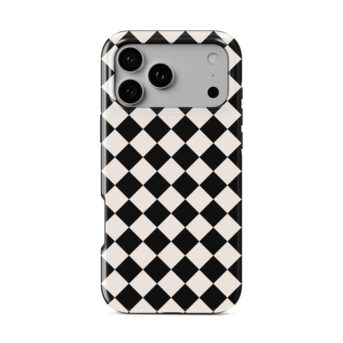 Black and cream harlequin checkerboard tough phone case with bold diamond pattern and glossy finish