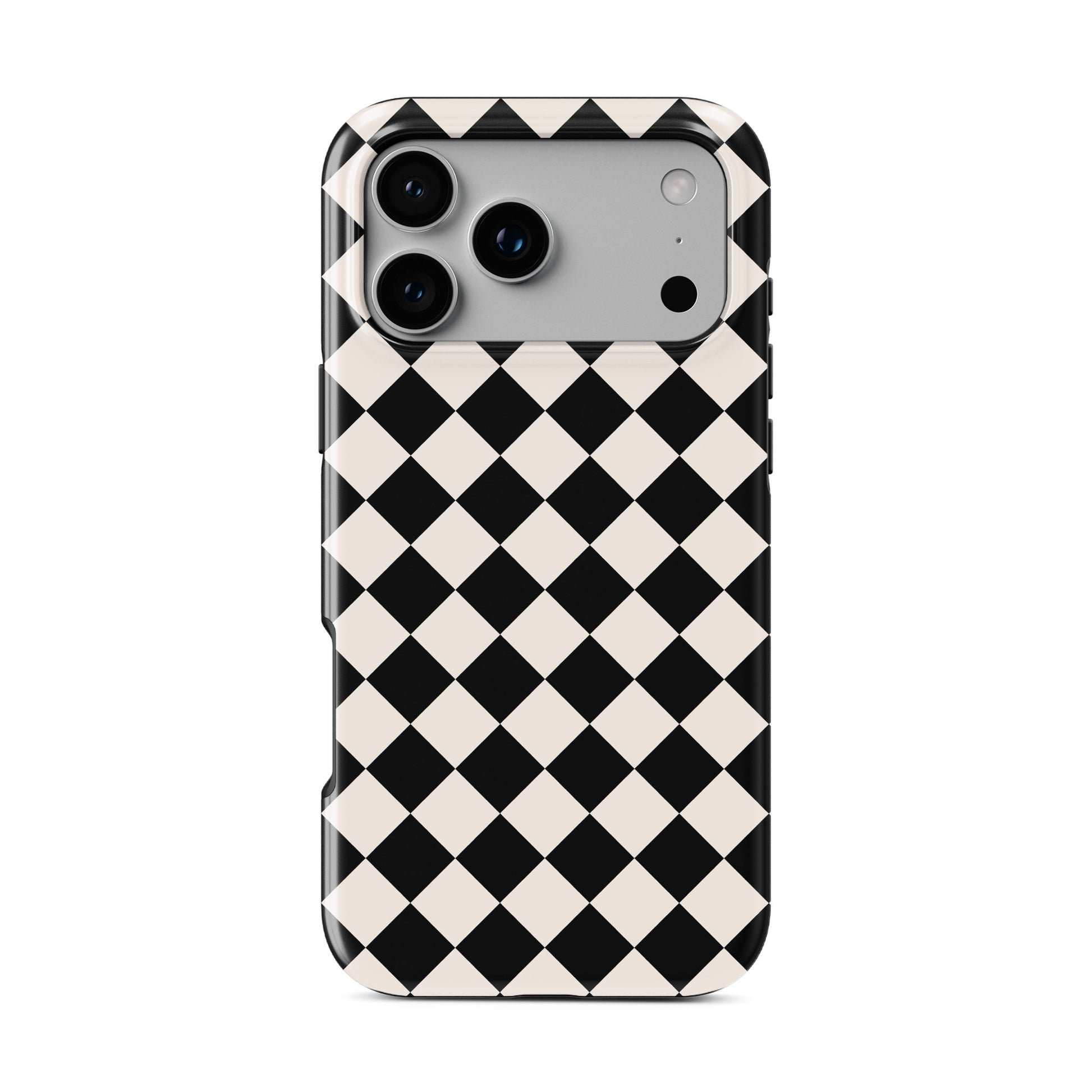 Black and cream harlequin checkerboard tough phone case with bold diamond pattern and glossy finish