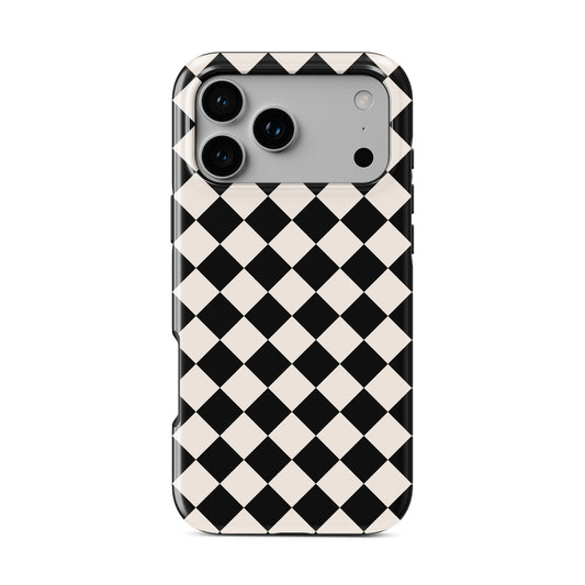 Black and cream harlequin checkerboard tough phone case with bold diamond pattern and glossy finish