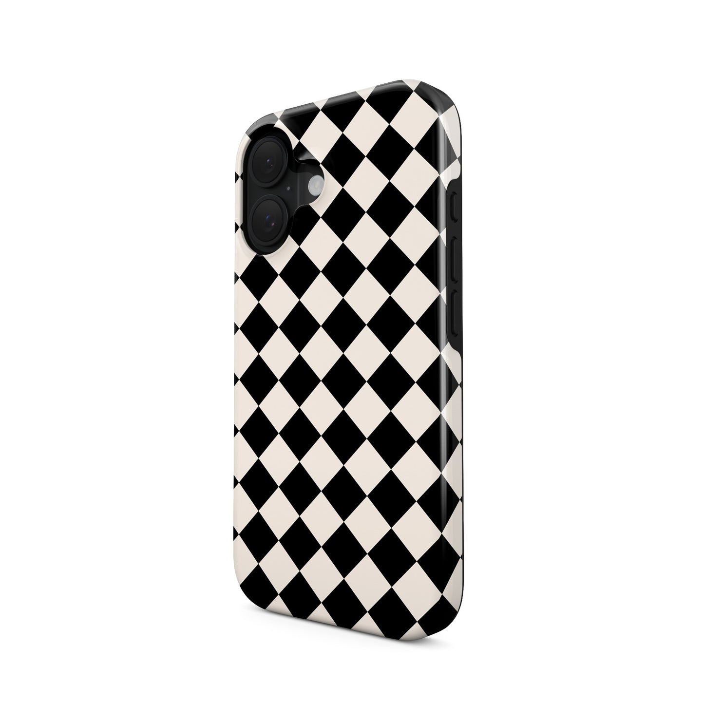 Black and cream harlequin checkerboard tough phone case with bold diamond pattern and glossy finish