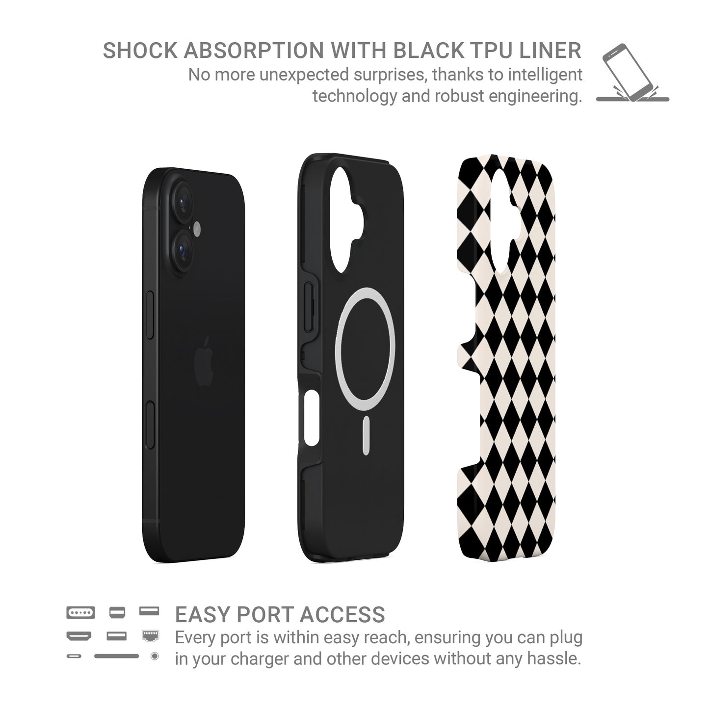 Black and cream harlequin checkerboard tough phone case with bold diamond pattern and glossy finish