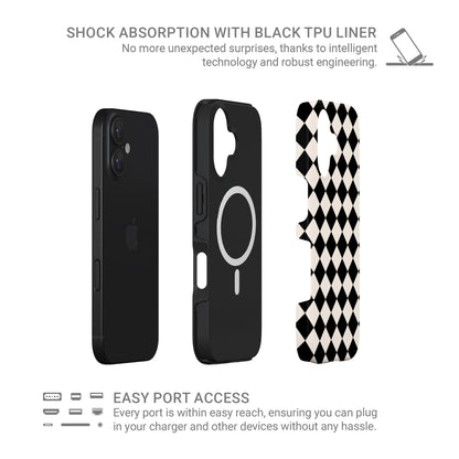 Black and cream harlequin checkerboard tough phone case with bold diamond pattern and glossy finish