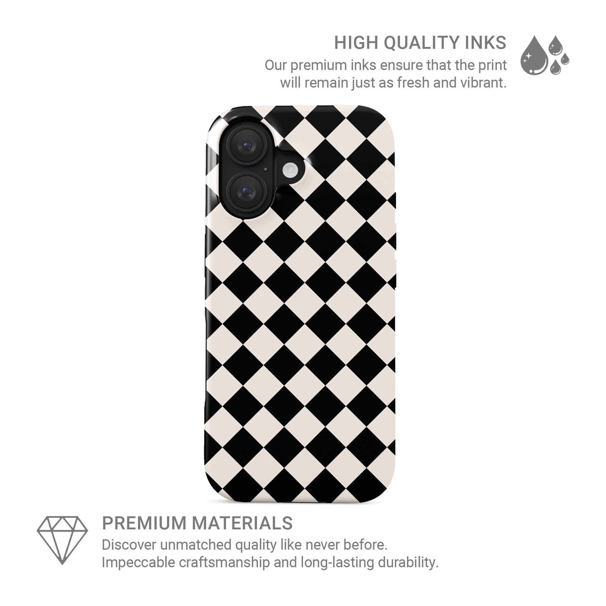 Black and cream harlequin checkerboard tough phone case with bold diamond pattern and glossy finish