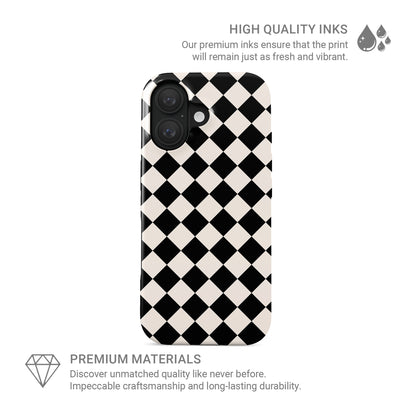 Black and cream harlequin checkerboard tough phone case with bold diamond pattern and glossy finish