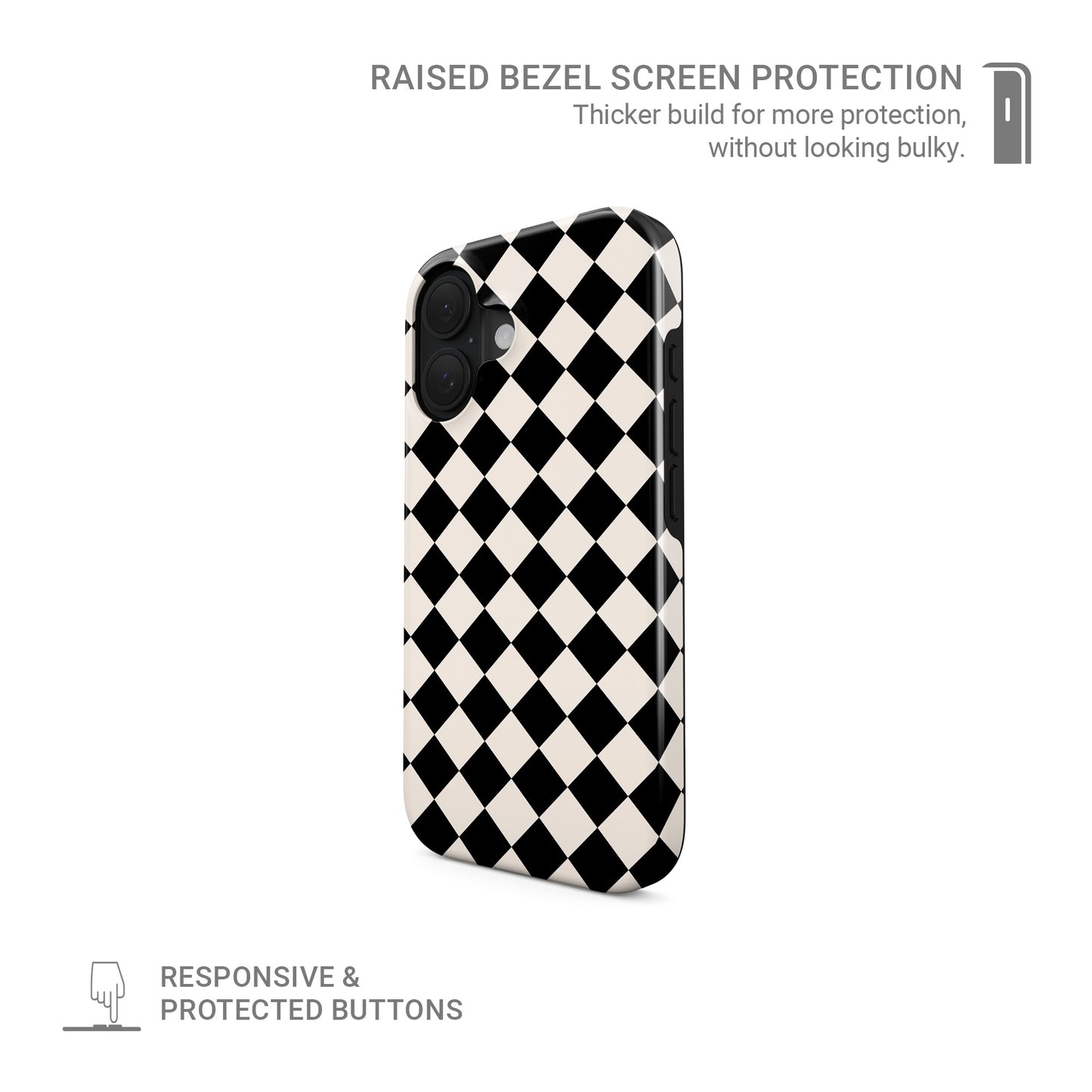 Black and cream harlequin checkerboard tough phone case with bold diamond pattern and glossy finish