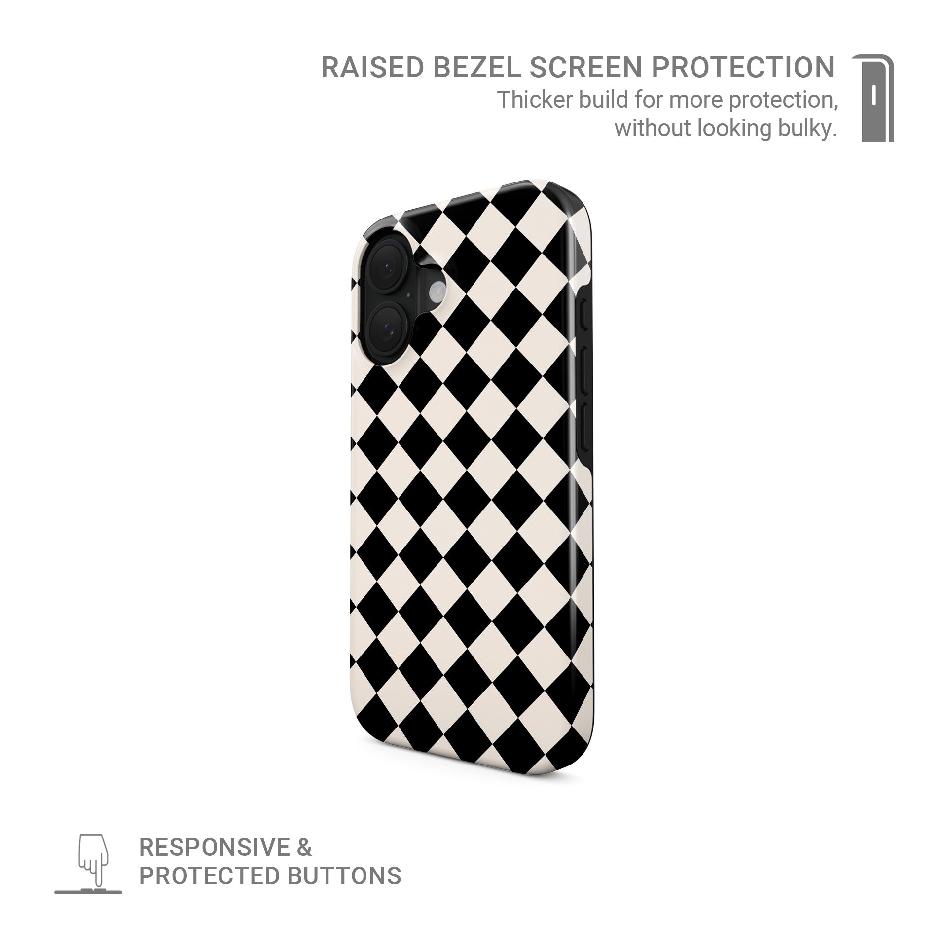 Black and cream harlequin checkerboard tough phone case with bold diamond pattern and glossy finish