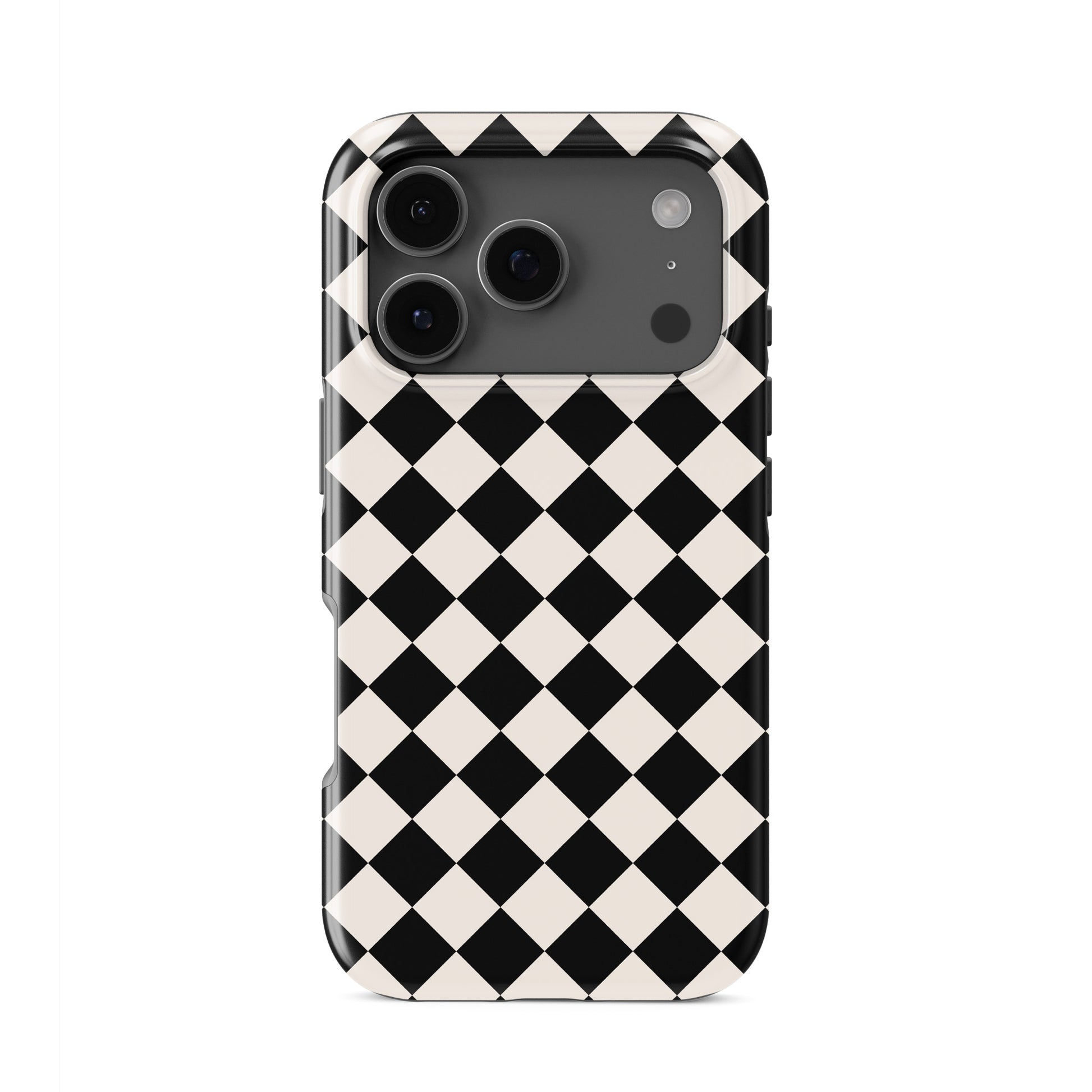 Black and cream harlequin checkerboard tough phone case with bold diamond pattern design