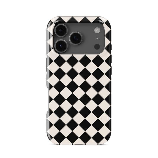 Black and cream harlequin checkerboard tough phone case with bold diamond pattern design