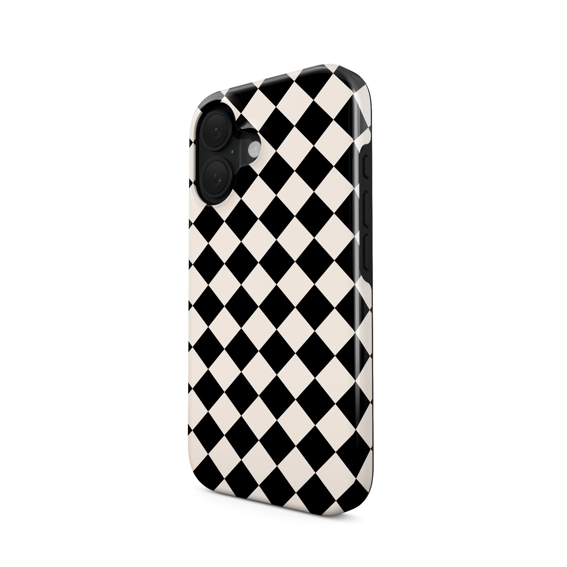Black and cream harlequin checkerboard tough phone case with bold diamond pattern design