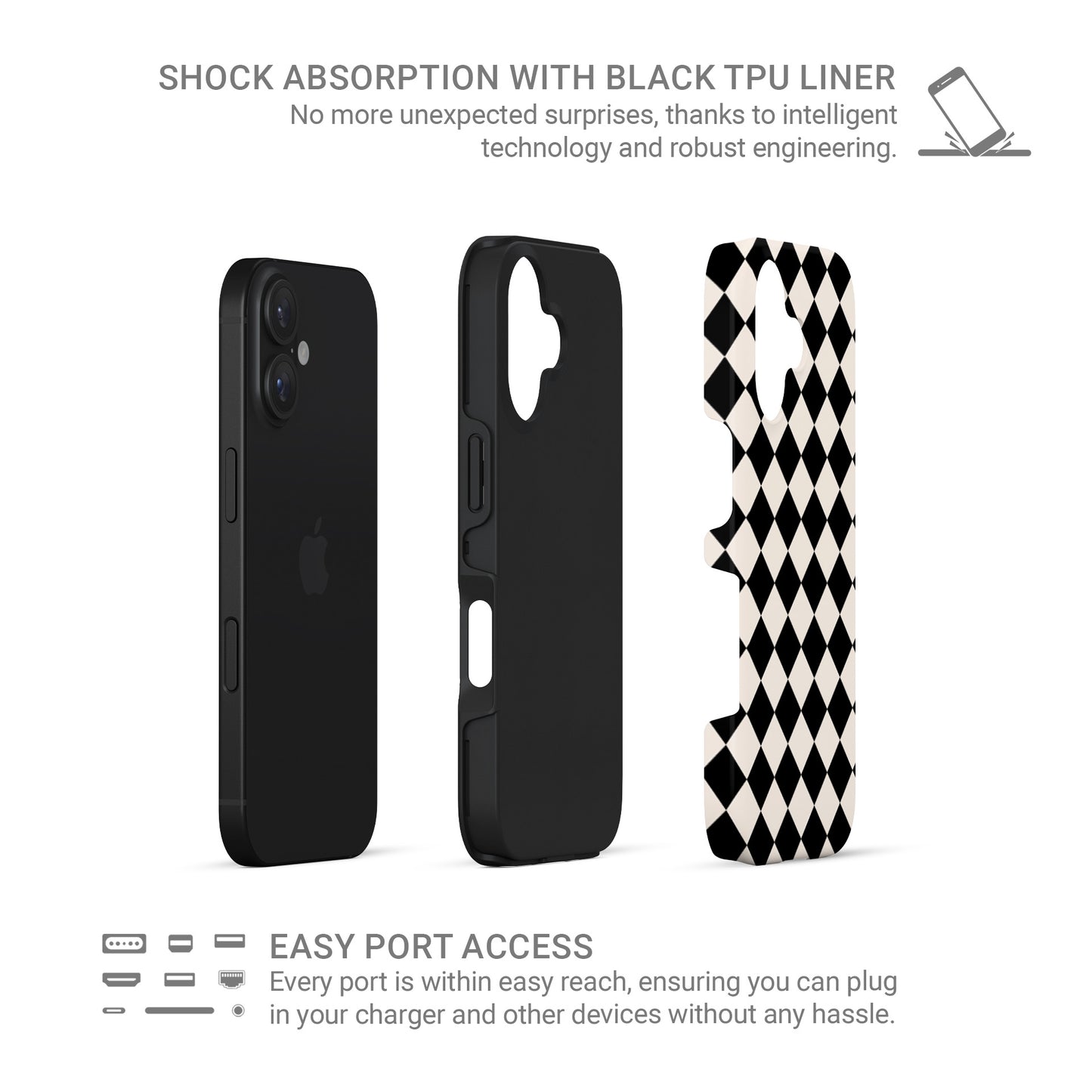 Black and cream harlequin checkerboard tough phone case with bold diamond pattern design