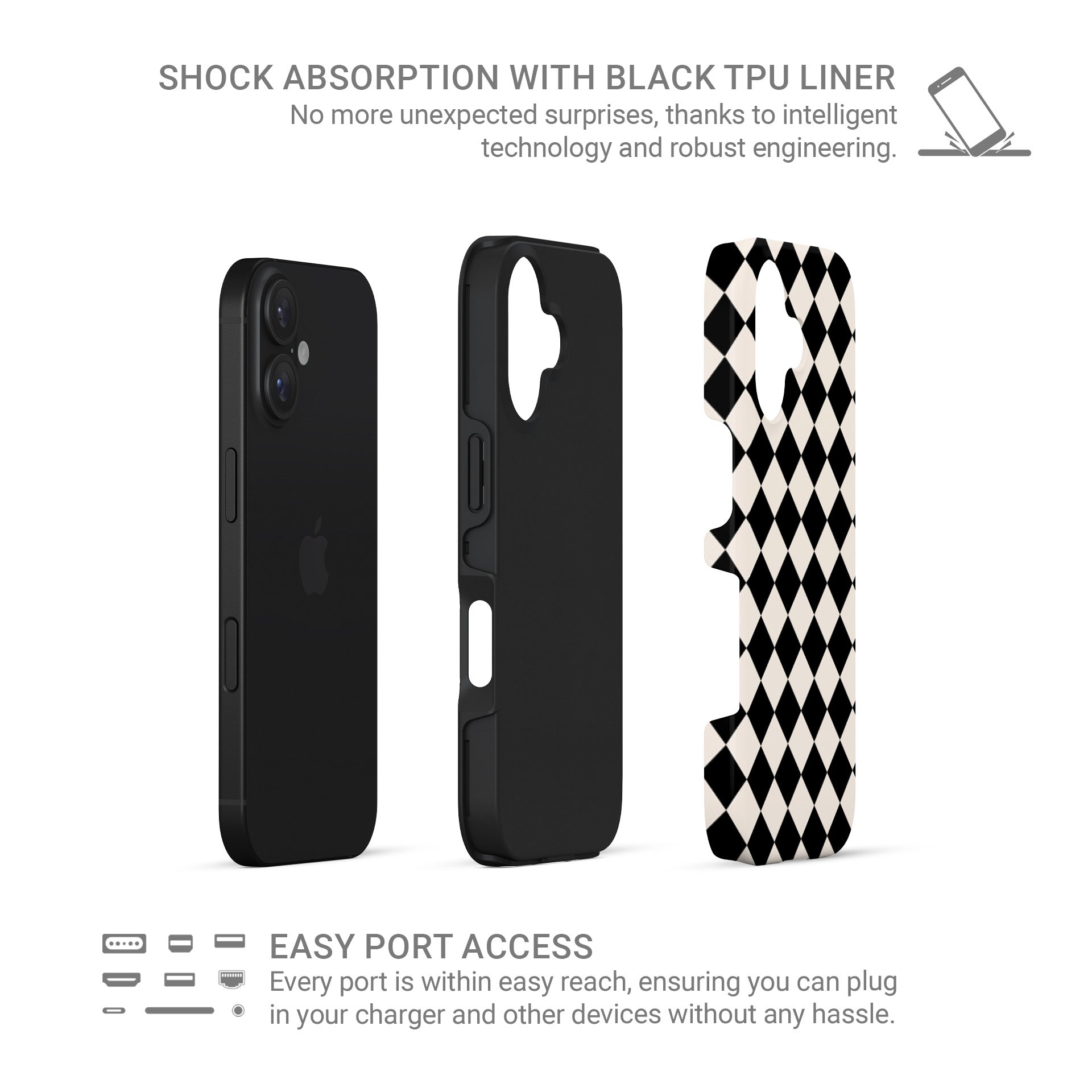 Black and cream harlequin checkerboard tough phone case with bold diamond pattern design