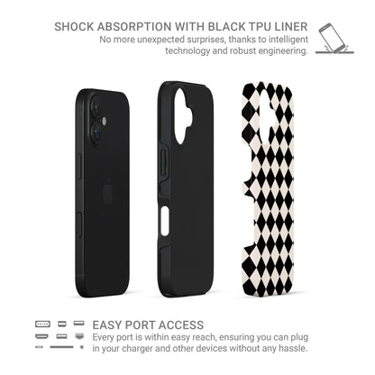 Black and cream harlequin checkerboard tough phone case with bold diamond pattern design