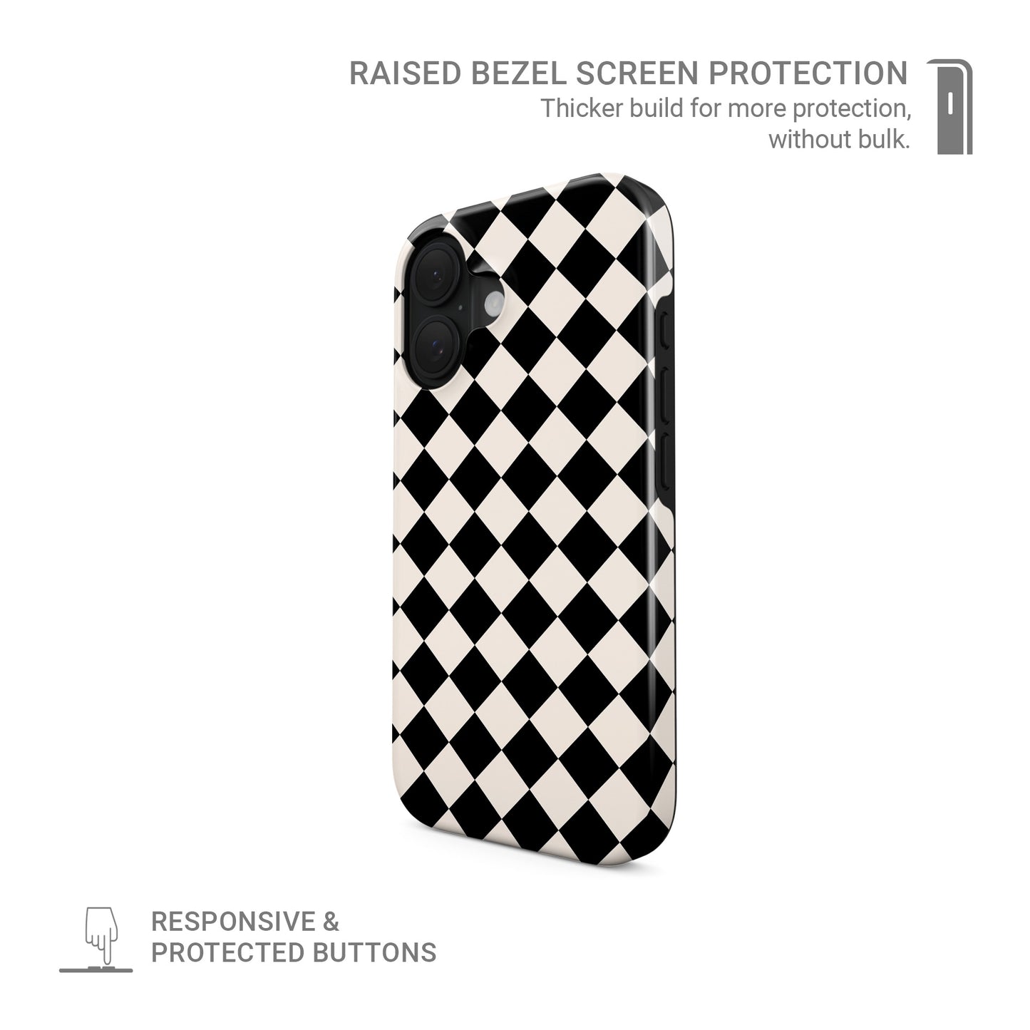 Black and cream harlequin checkerboard tough phone case with bold diamond pattern design