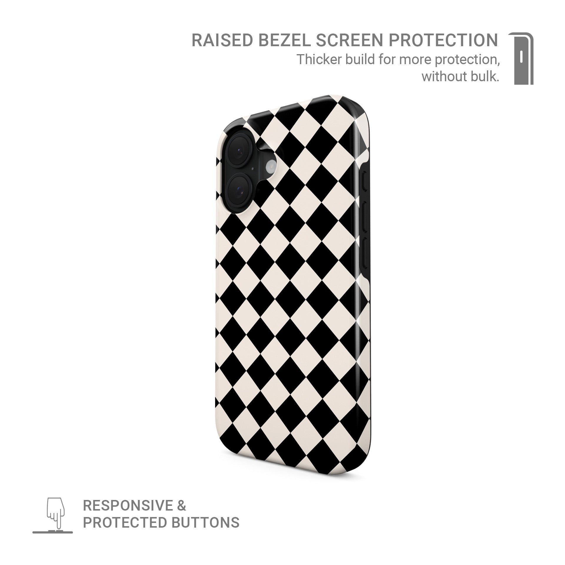 Black and cream harlequin checkerboard tough phone case with bold diamond pattern design
