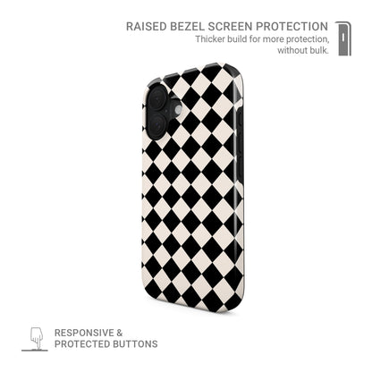 Black and cream harlequin checkerboard tough phone case with bold diamond pattern design