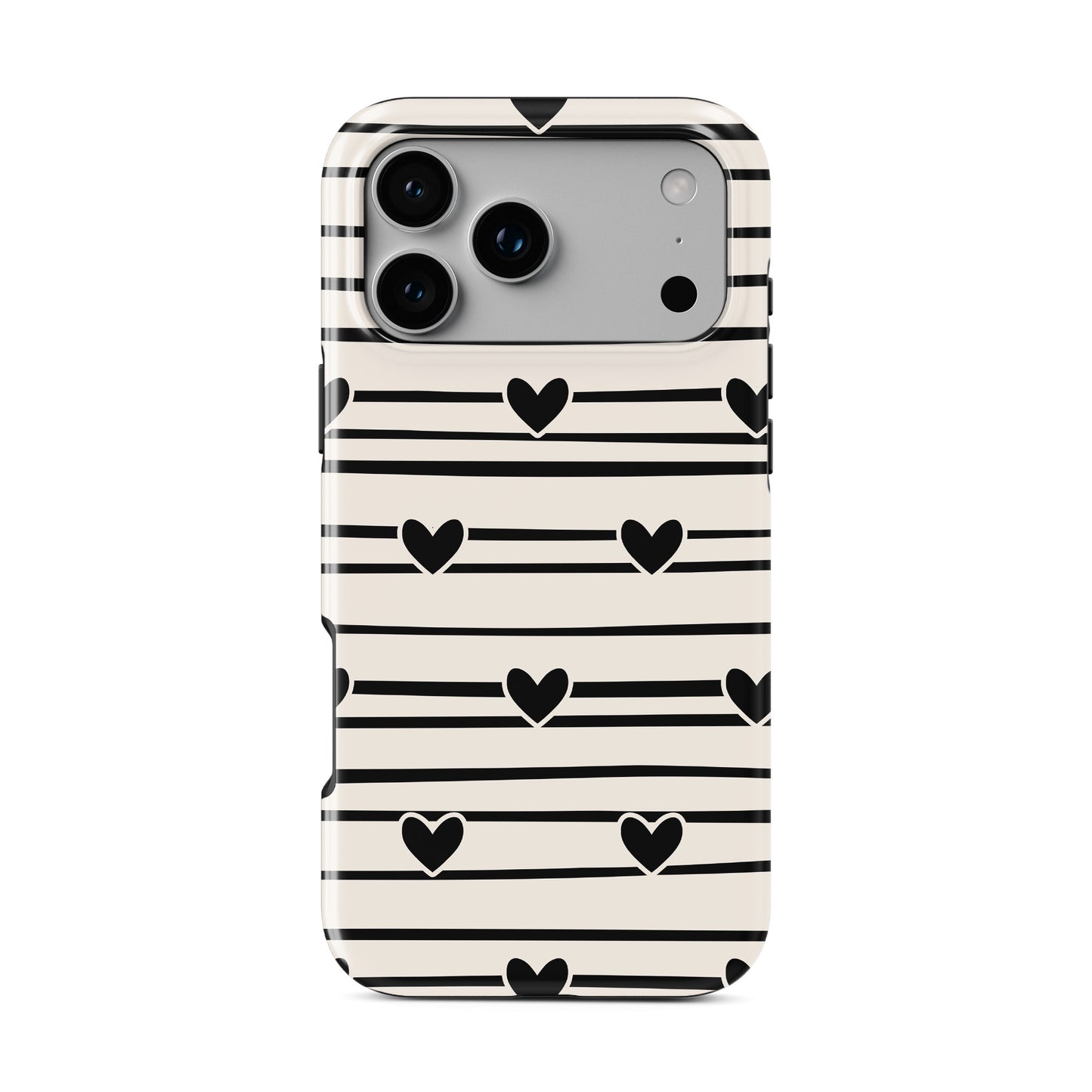 Black heart stripe MagSafe tough phone case with cream background and hand drawn stripe pattern