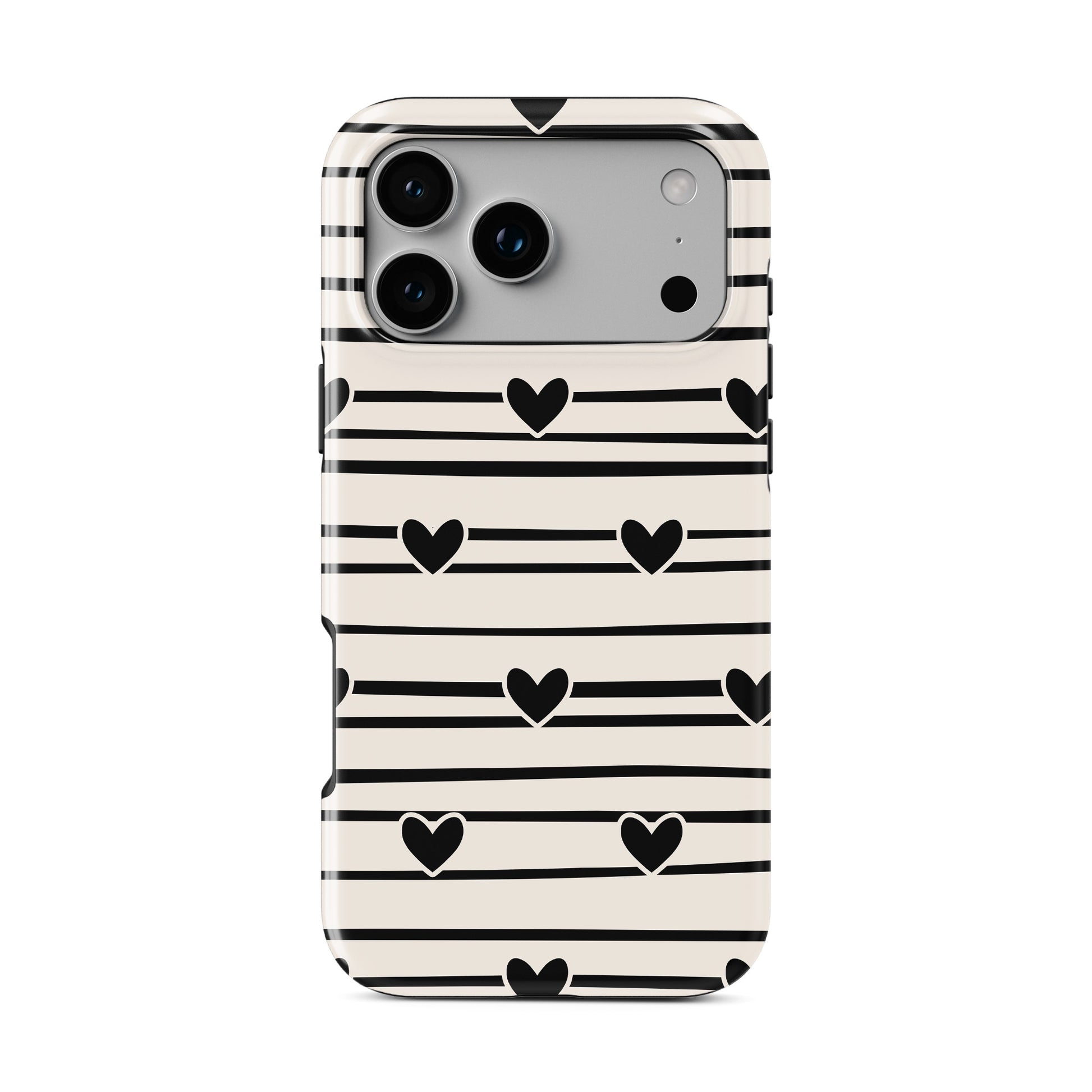 Black heart stripe MagSafe tough phone case with cream background and hand drawn stripe pattern