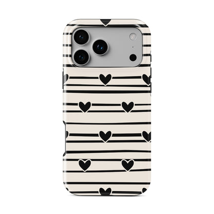 Black heart stripe MagSafe tough phone case with cream background and hand drawn stripe pattern