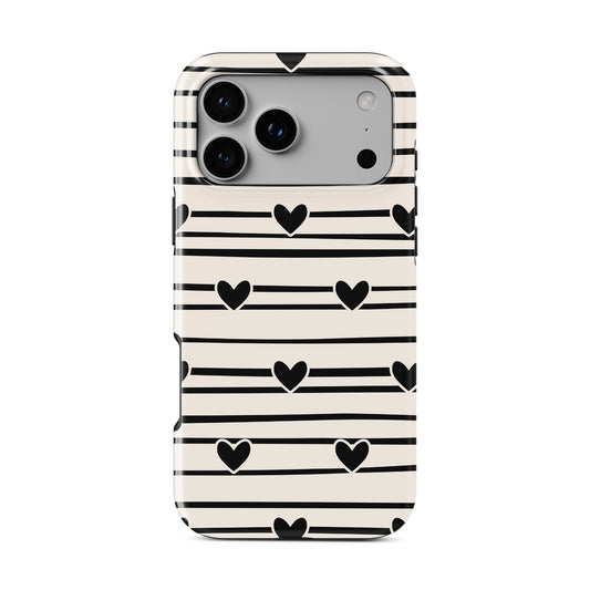 Black heart stripe MagSafe tough phone case with cream background and hand drawn stripe pattern