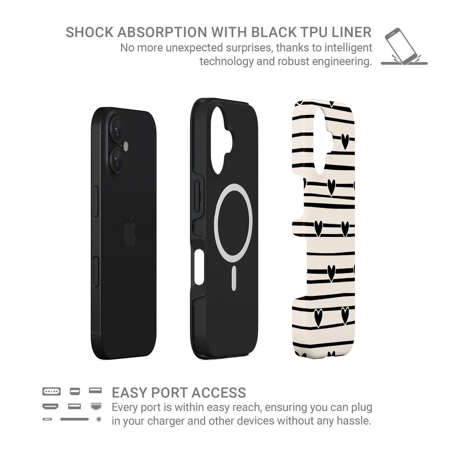 Black heart stripe MagSafe tough phone case with cream background and hand drawn stripe pattern