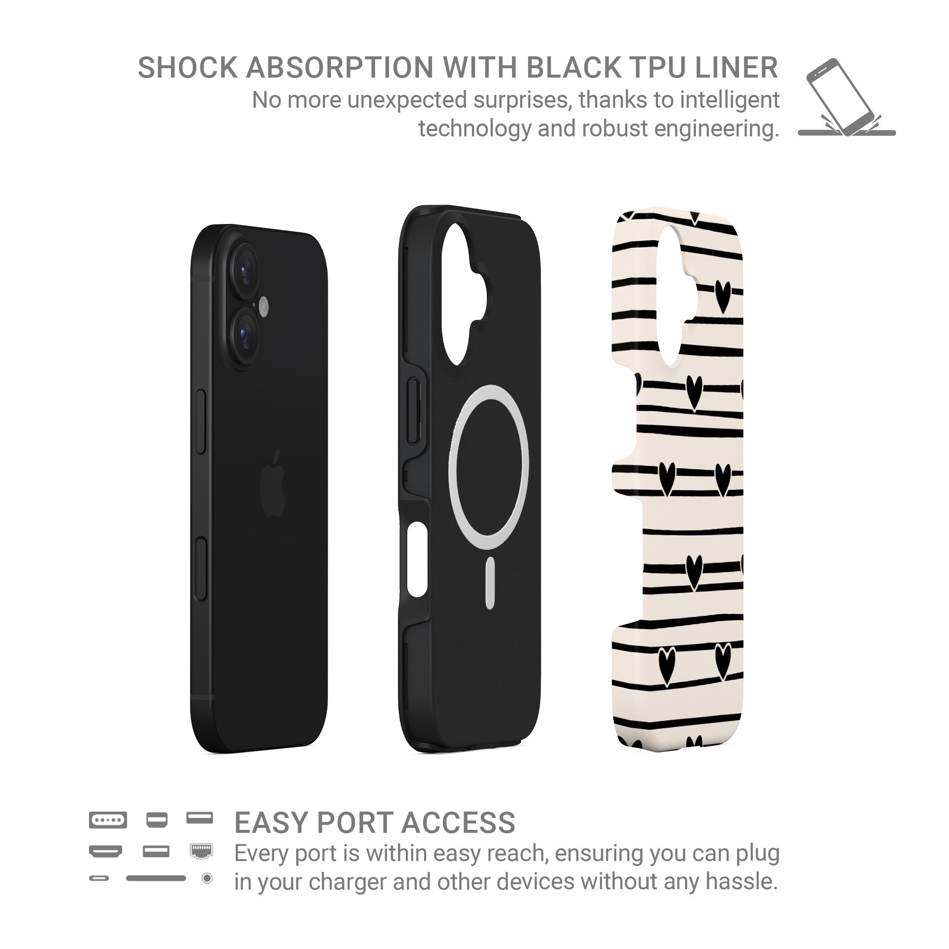 Black heart stripe MagSafe tough phone case with cream background and hand drawn stripe pattern