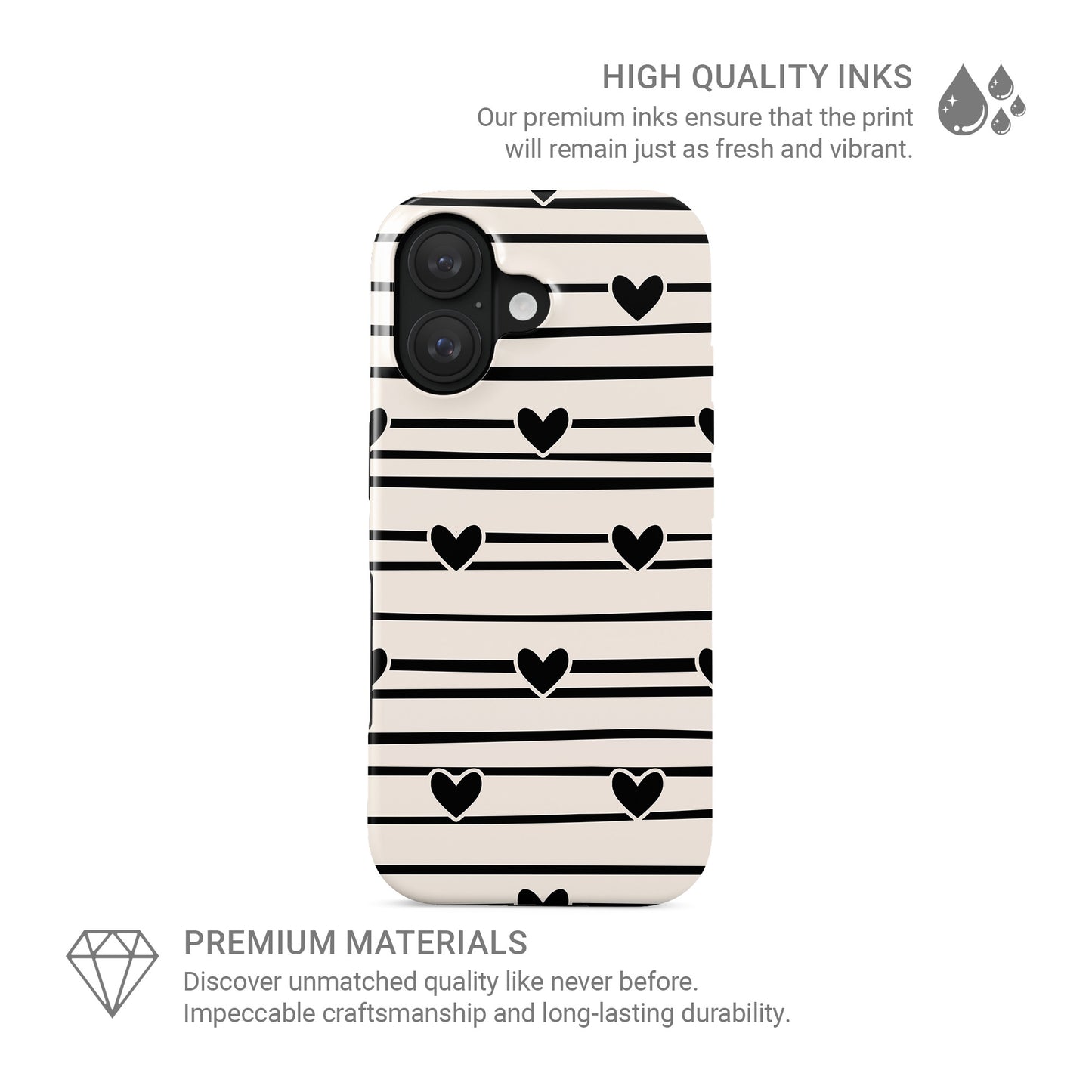 Black heart stripe MagSafe tough phone case with cream background and hand drawn stripe pattern